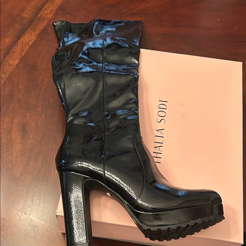Thalia Sodi Glossy Black Platform Boots